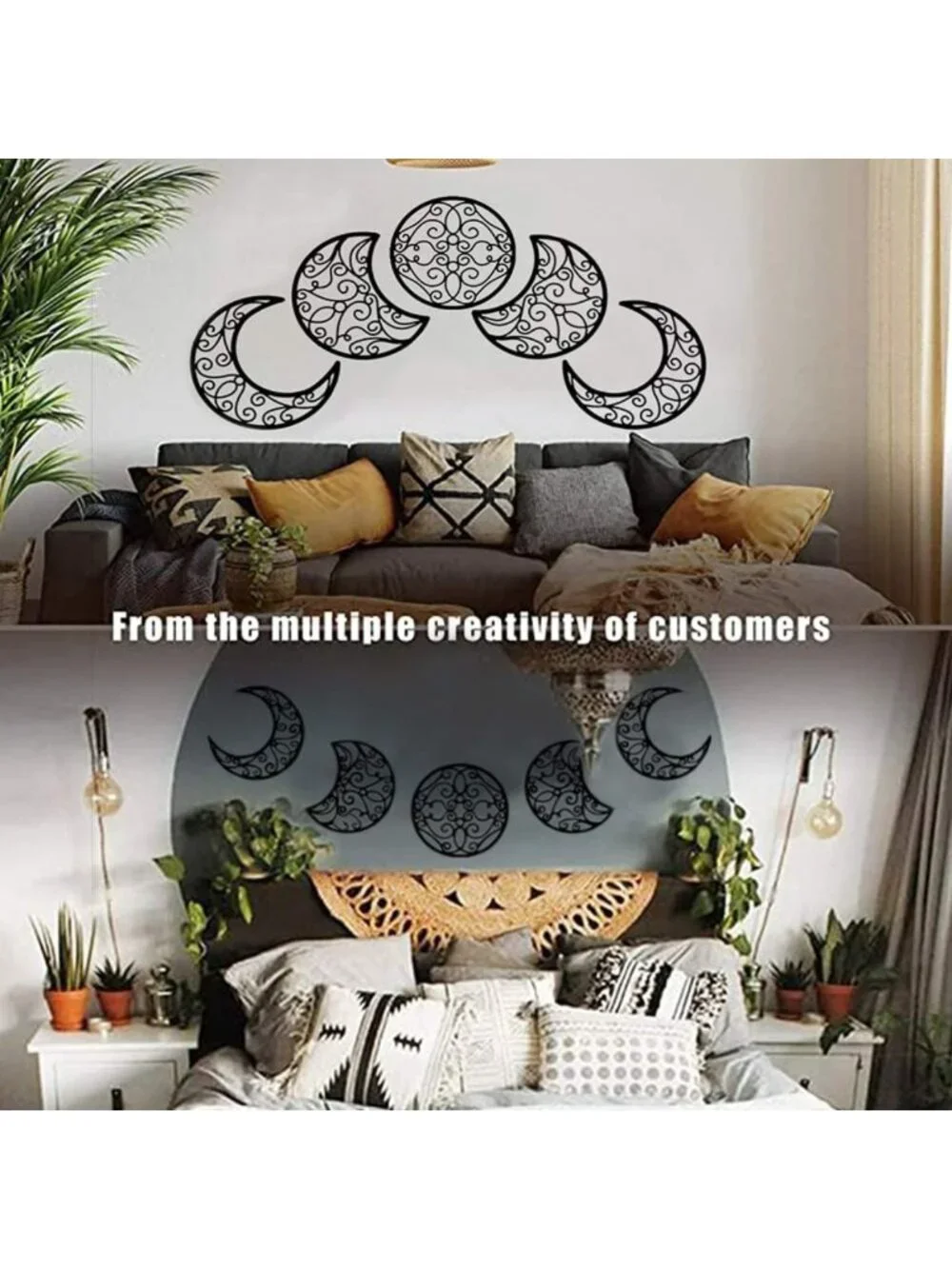 Boho Moon Phase Wall Art Set - 5 Piece Natural Wood Hanging Decor for Bedroom